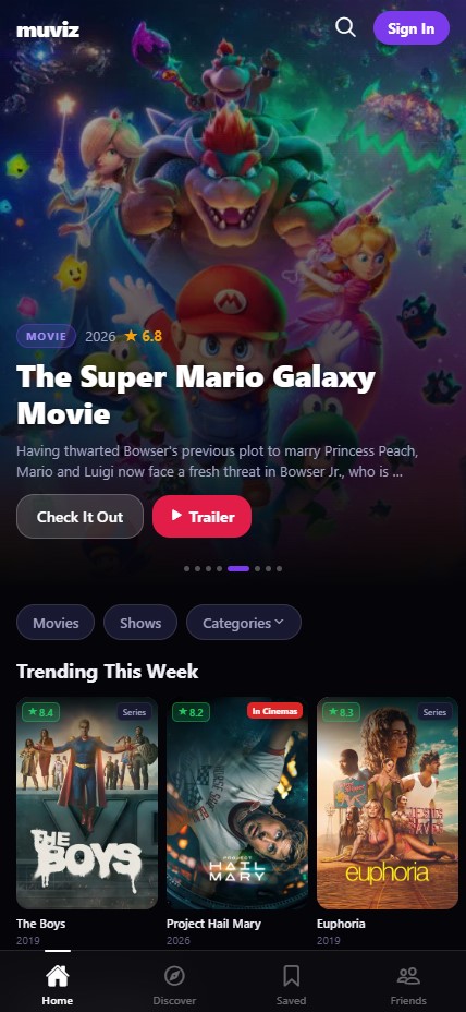 The Muviz app home screen